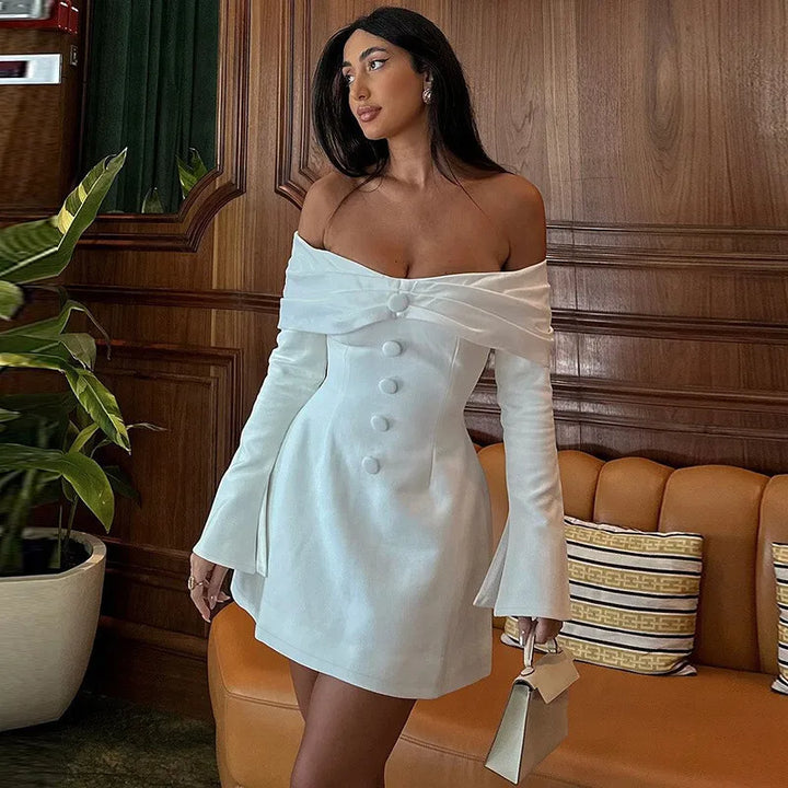 Mini A-line dress with off-shoulder and button decoration - Milian
