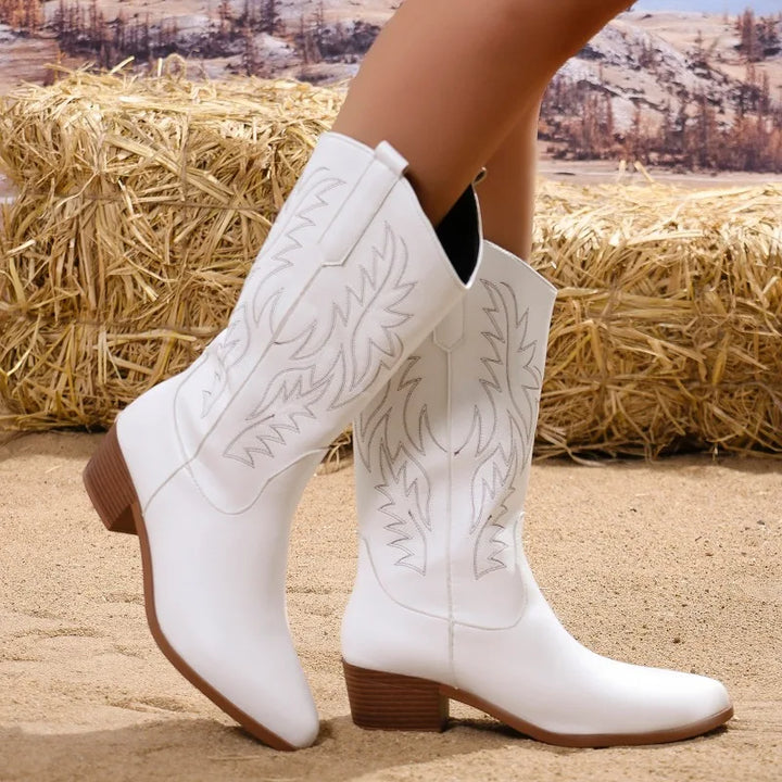 Faux Leather Cowboy Boots with Embroidered Illustrations - Tansy