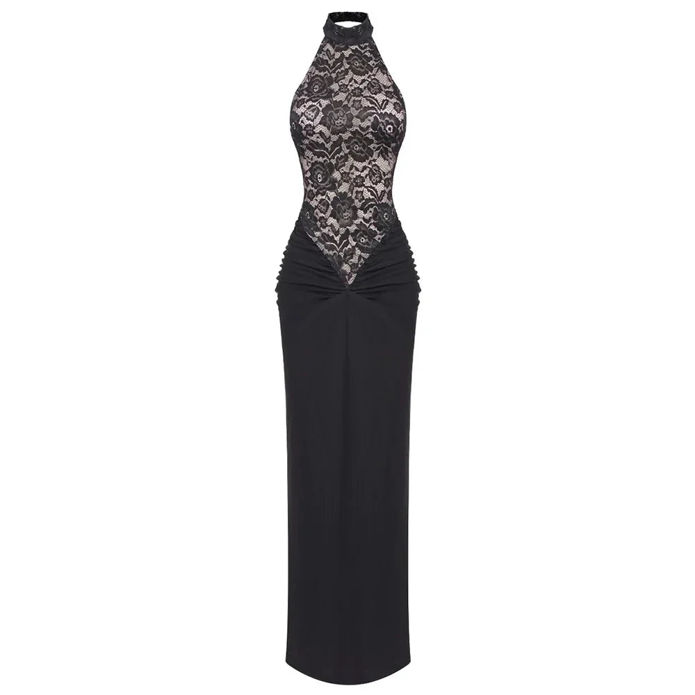 Maxi Dress with Ruching, Collar Cut, Opaque Lace Design, and Open Back - Elliana