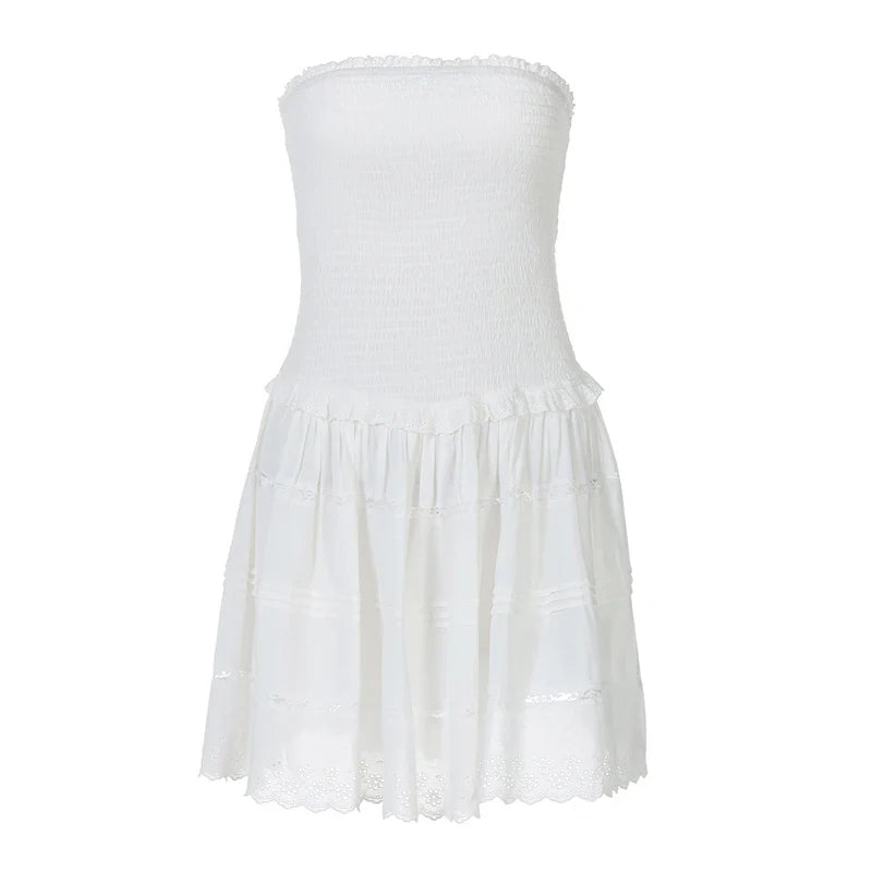 A-Line Strapless Mini Dress with Ruching and Lace Detail - Lavin