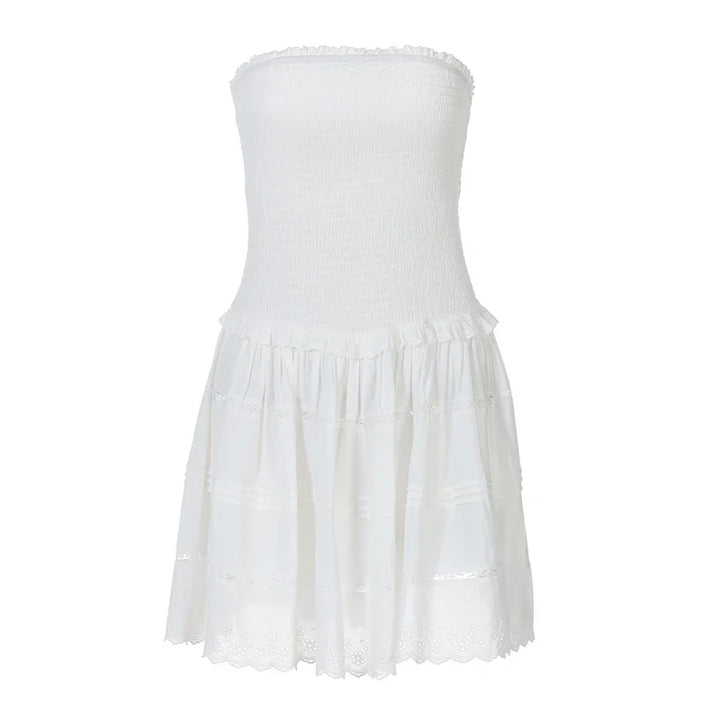 A-Line Strapless Mini Dress with Ruching and Lace Detail - Lavin