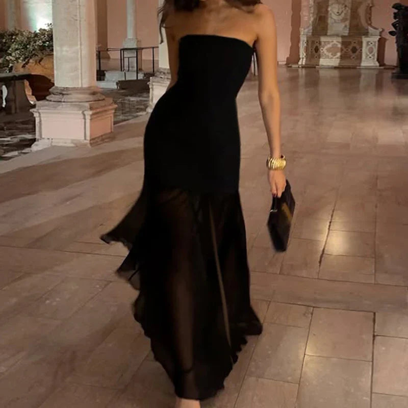 Strapless maxi dress with chiffon decoration and slit - Lettie