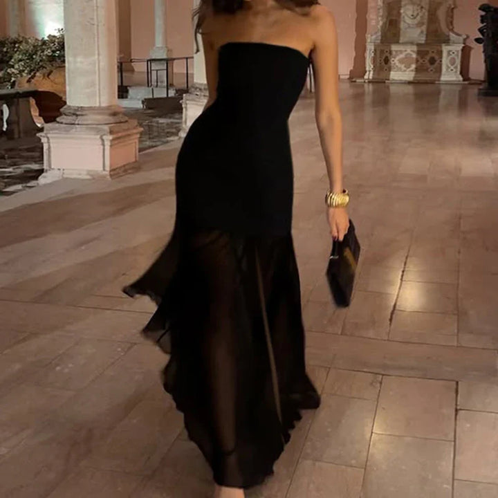 Strapless maxi dress with chiffon decoration and slit - Lettie