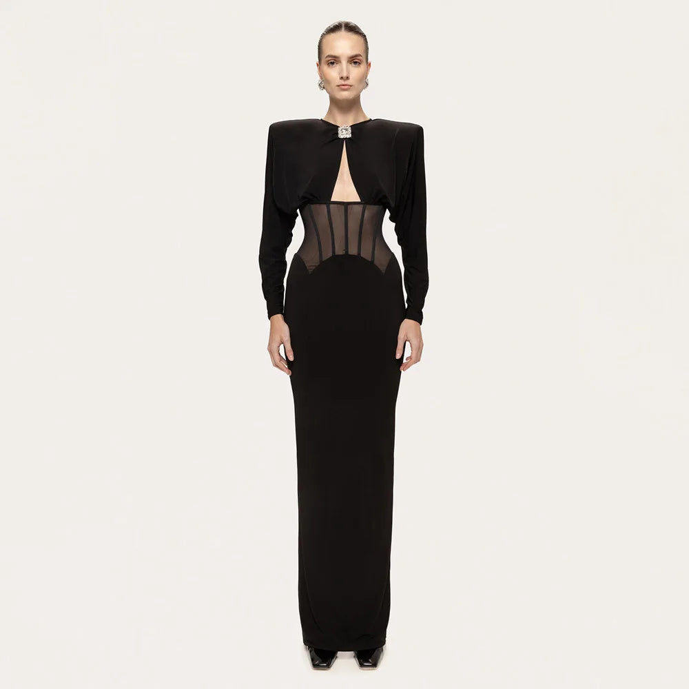 Maxi Dress with Mesh Corset Design and Diamond Buckle Decoration - AMOR
