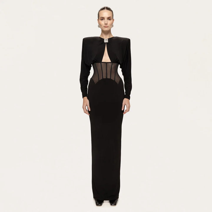 Maxi Dress with Mesh Corset Design and Diamond Buckle Decoration - AMOR
