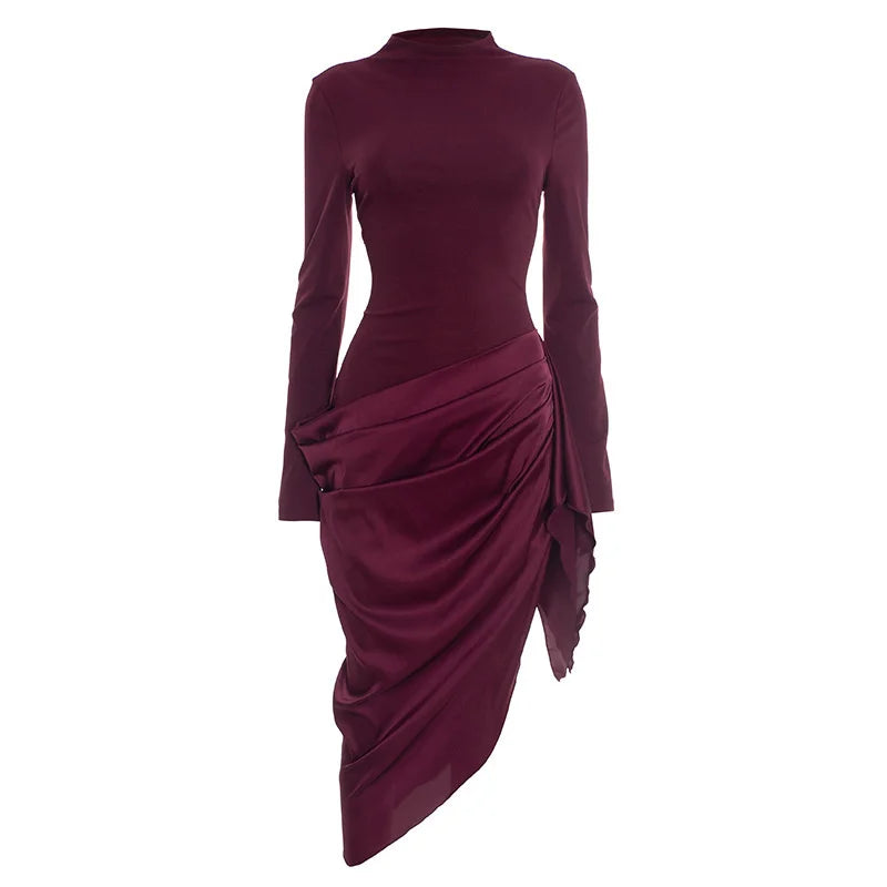 Midi Dress with Satin Design and Asymmetric Length - NIRA
