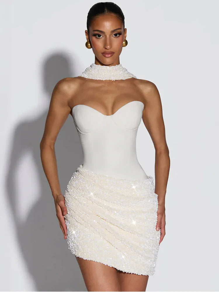 Mini dress with sequin design and scarf detail - GIGI