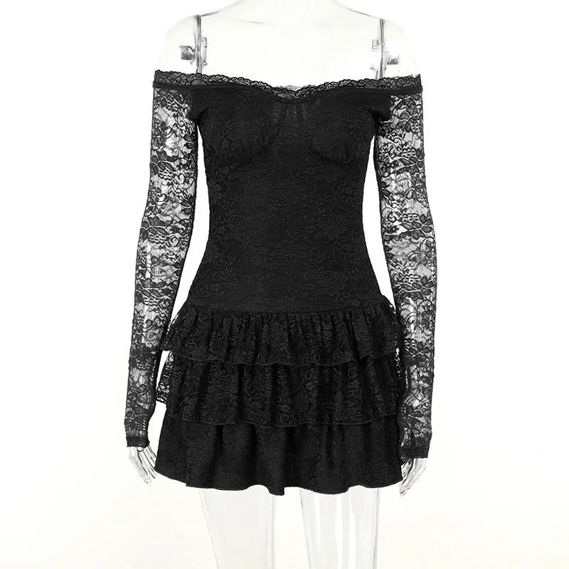 Lace Mini Dress with Ruffle and Off-Shoulder - Shay