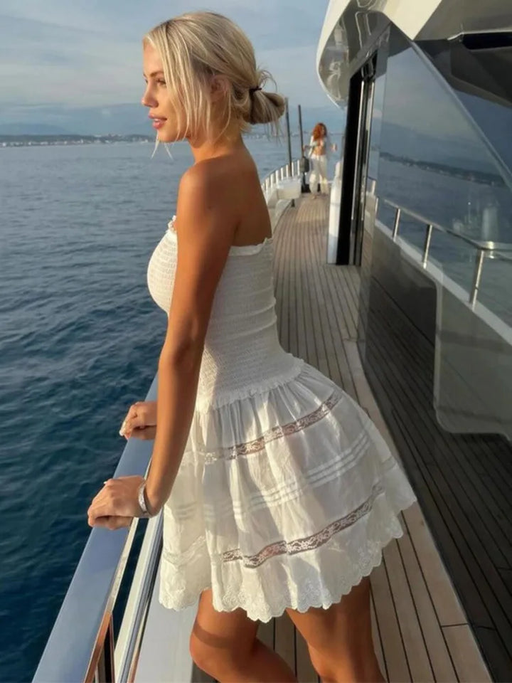 A-Line Strapless Mini Dress with Ruching and Lace Detail - Lavin