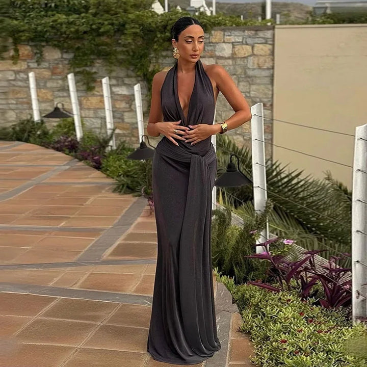Knitted Suede Maxi Dress with Draped Collar, Open Back, and Tie Detail - Michaela