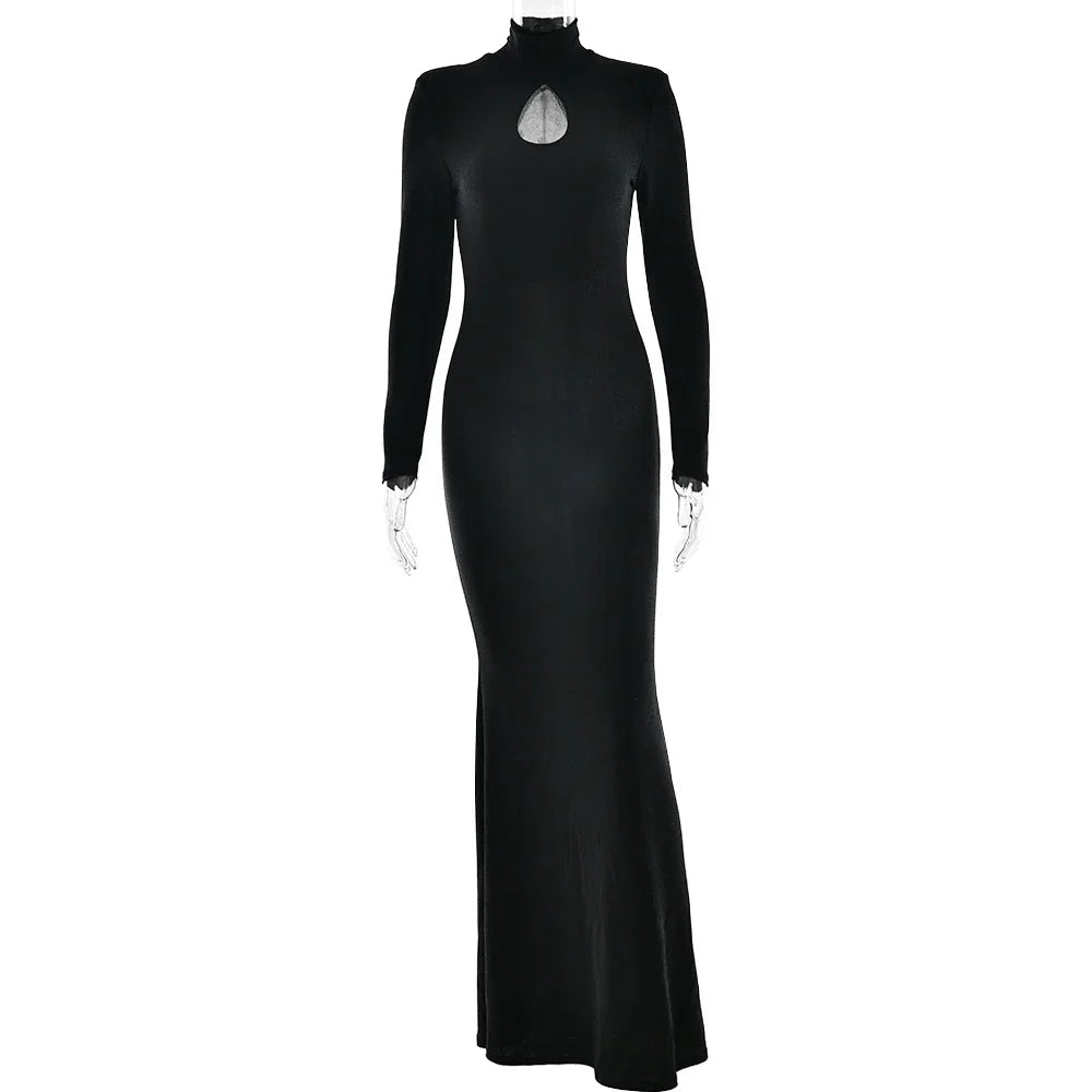 Glitter Maxi Dress with Turtleneck Collar and Cutout Embellishment - Elliana
