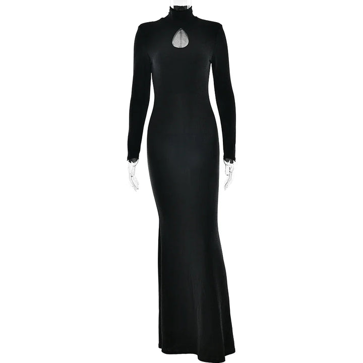 Glitter Maxi Dress with Turtleneck Collar and Cutout Embellishment - Elliana