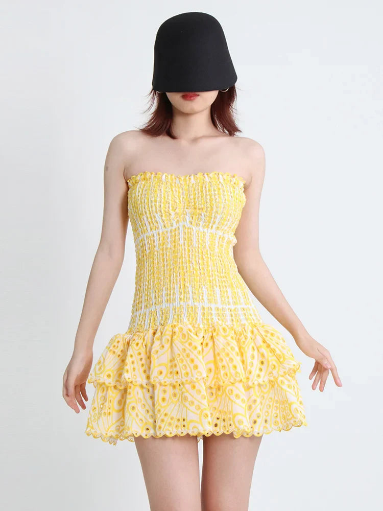 Strapless Mini Dress with Ruching and Ruffle - Diane