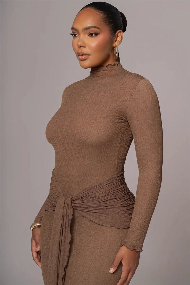 Maxi dress with ruching, tie decoration, and turtleneck collar - Halsey