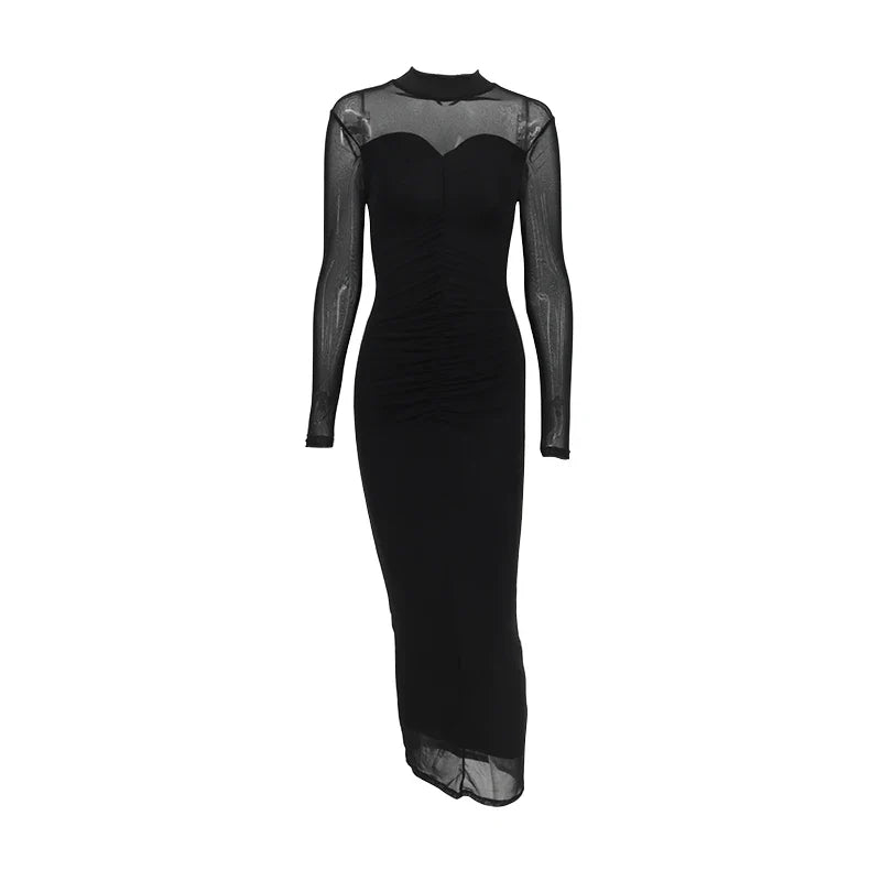 Ruched Shaping Fabric Maxi Dress with Flattering Mesh Design - Amelia