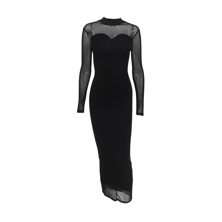 Ruched Shaping Fabric Maxi Dress with Flattering Mesh Design - Amelia