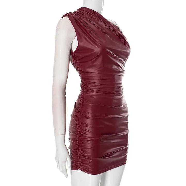 Mini faux leather dress with pleats and off-shoulder design - Meri