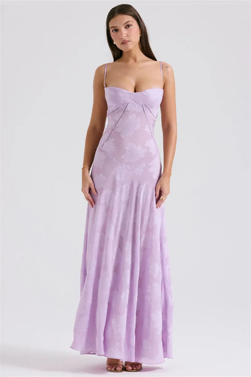Maxi Dress with Floral Embroidery, Back Tie for Waist Fit - Millie