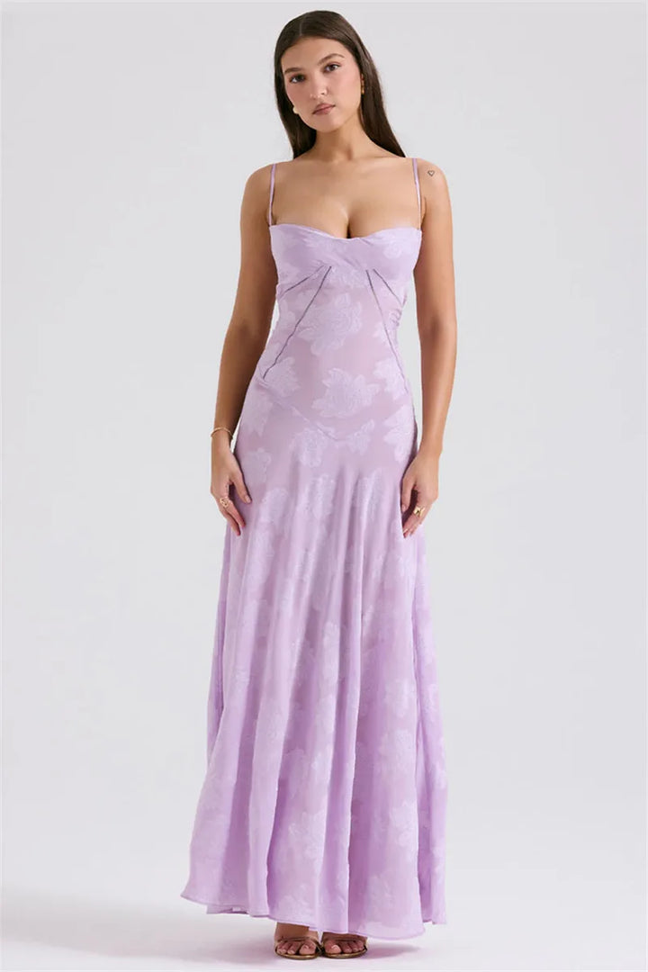 Maxi Dress with Floral Embroidery, Back Tie for Waist Fit - Millie