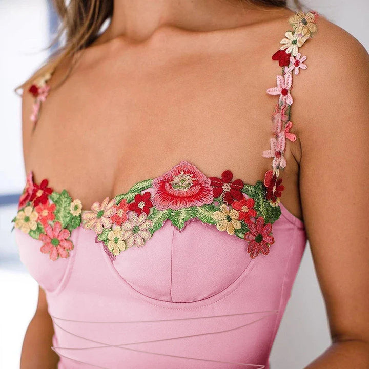 Mini Dress with Embroidery and Flower Straps with Satin Tie String Decoration - Lilia