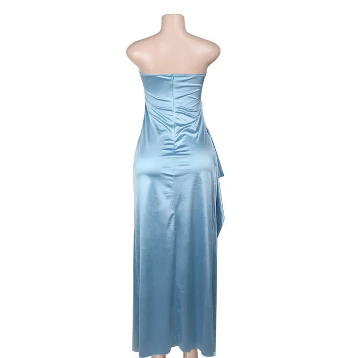 Strapless Satin Maxi Dress with Ruching and Slit - Amalia