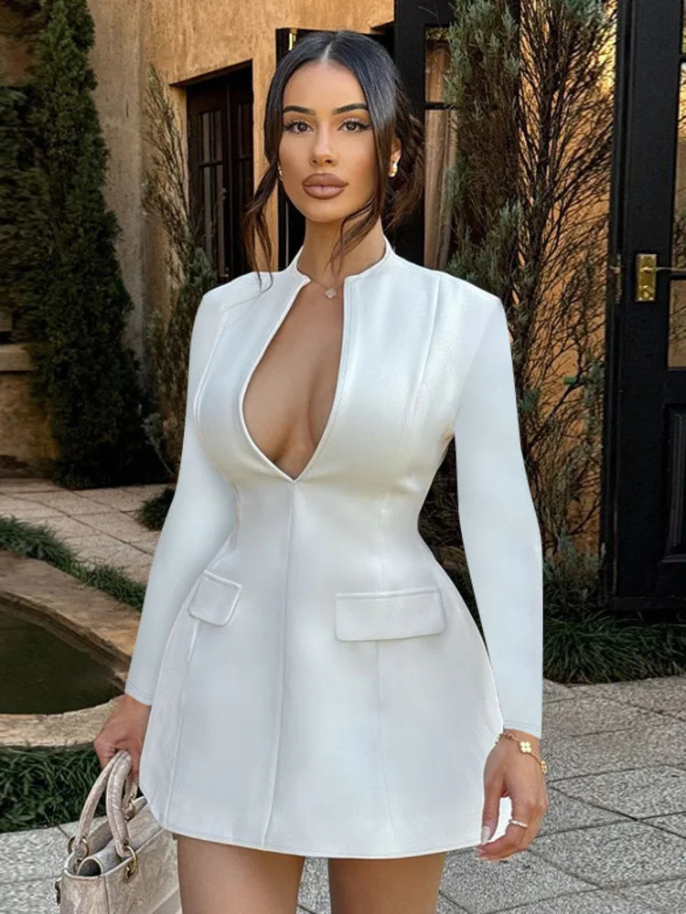 A-Line Mini Dress with Deep Neckline and Pocket Details - Bianca