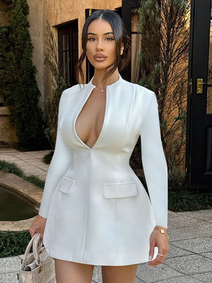 A-Line Mini Dress with Deep Neckline and Pocket Details - Bianca