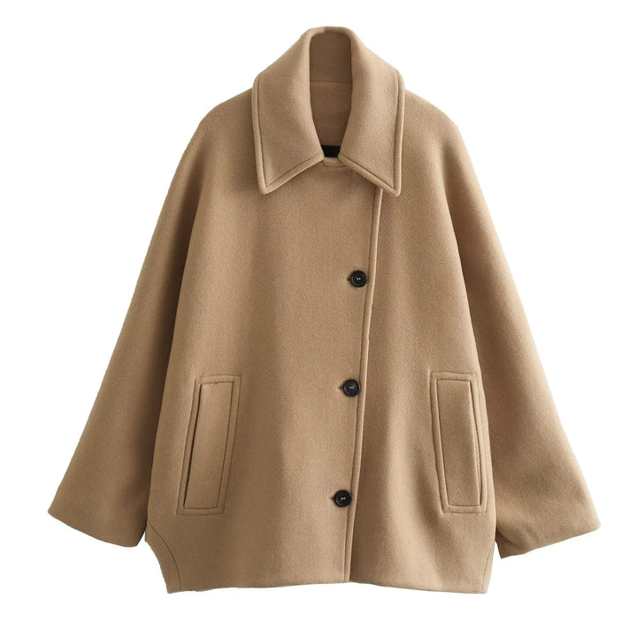 Oversized Wool Coat with Asymmetric Button Closure and Polo Collar - Hollandia