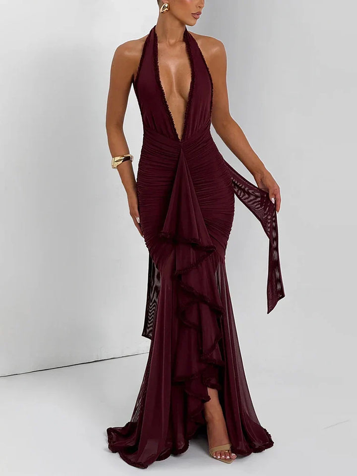 Maxi chiffon dress with ruffles, tie neck, and open back - MARGARITA