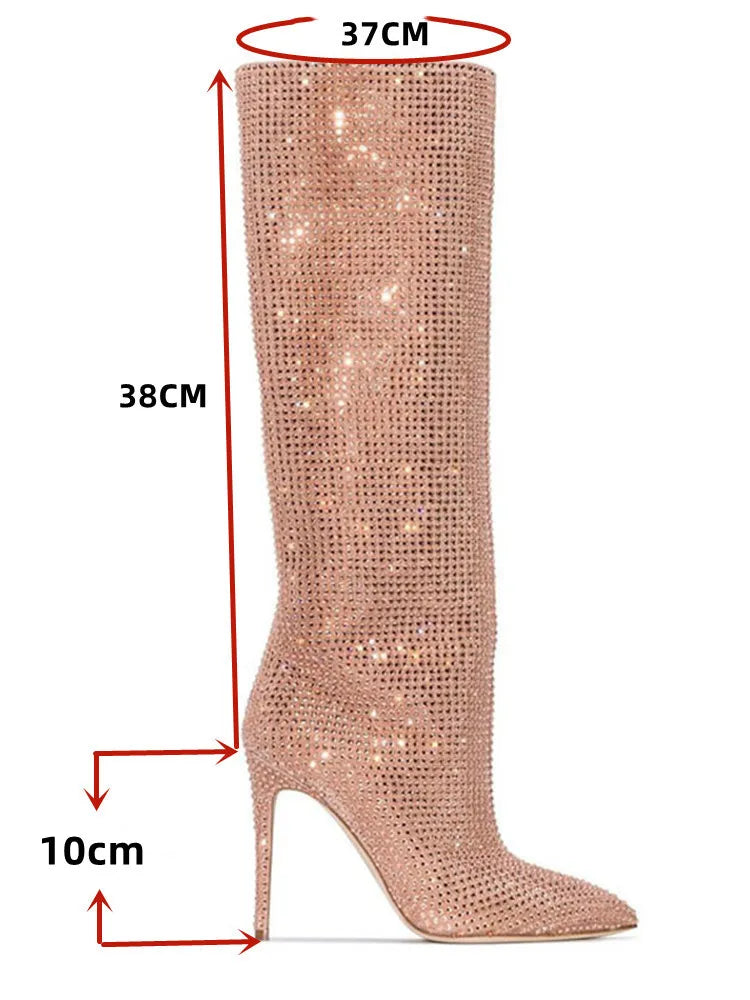 High Pointed Heel Boots with Sparkling Rhinestone Design - Josie