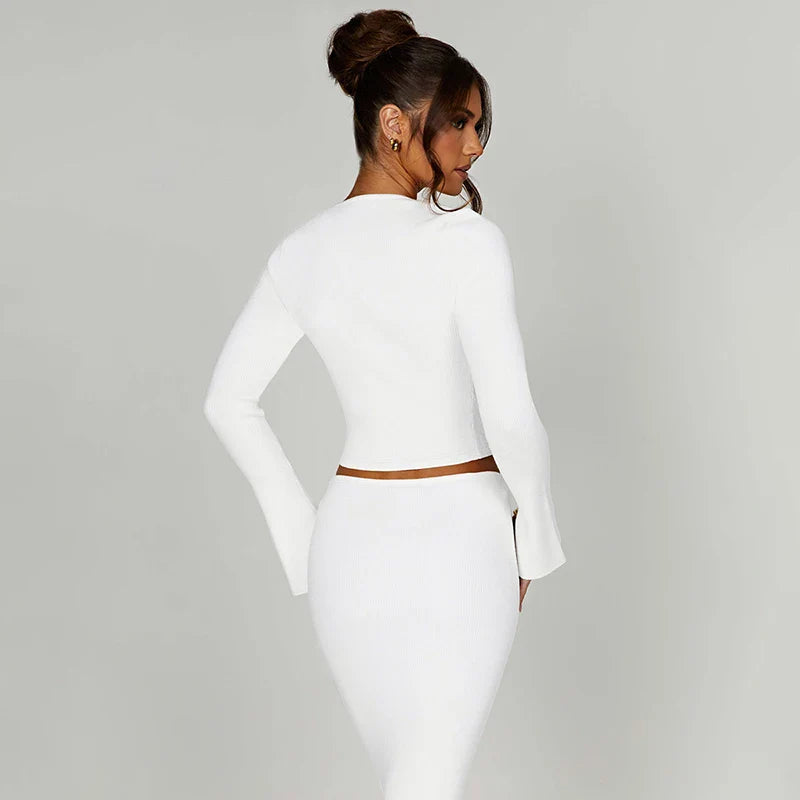 Knitted two-piece set: button-up shirt and fitted maxi skirt - MARIEL