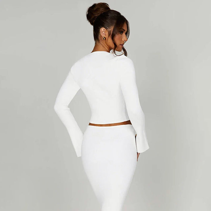 Knitted two-piece set: button-up shirt and fitted maxi skirt - MARIEL