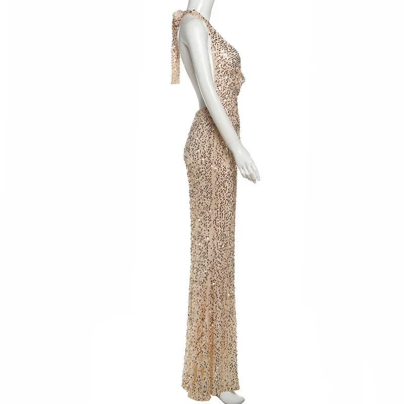 Sequin Maxi Dress with Open Back and Draped Collar - Arabella