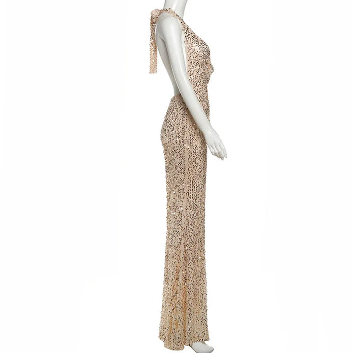 Sequin Maxi Dress with Open Back and Draped Collar - Arabella