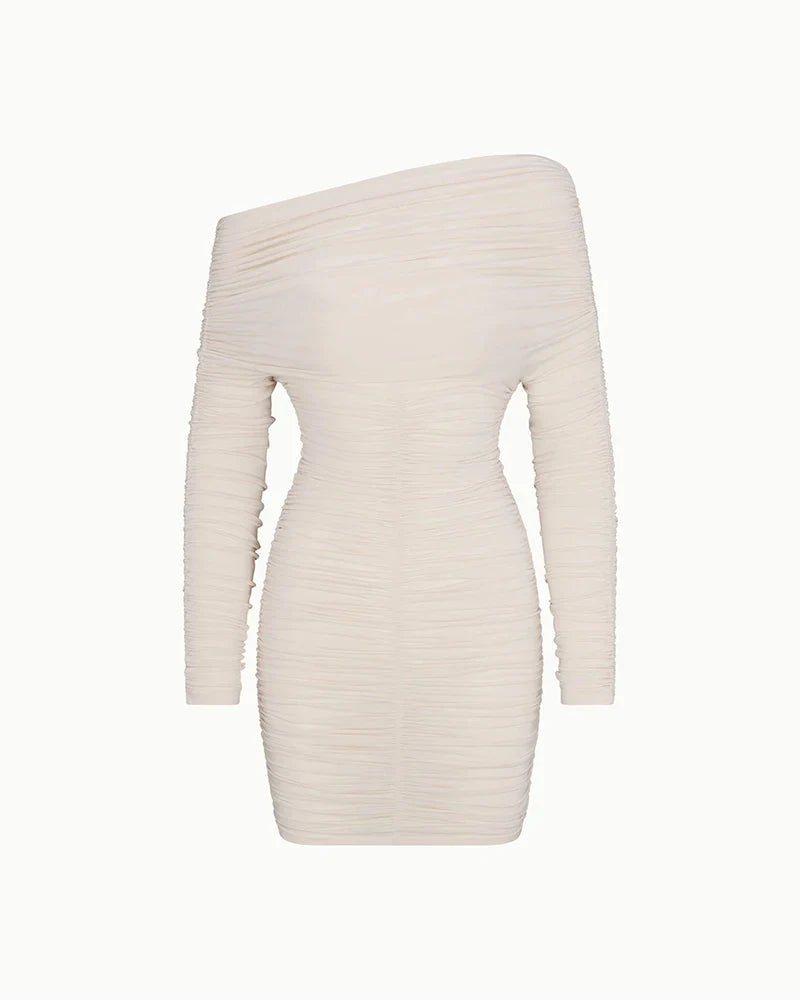 Mini dress with ruching and one off-shoulder sleeve - Sapir