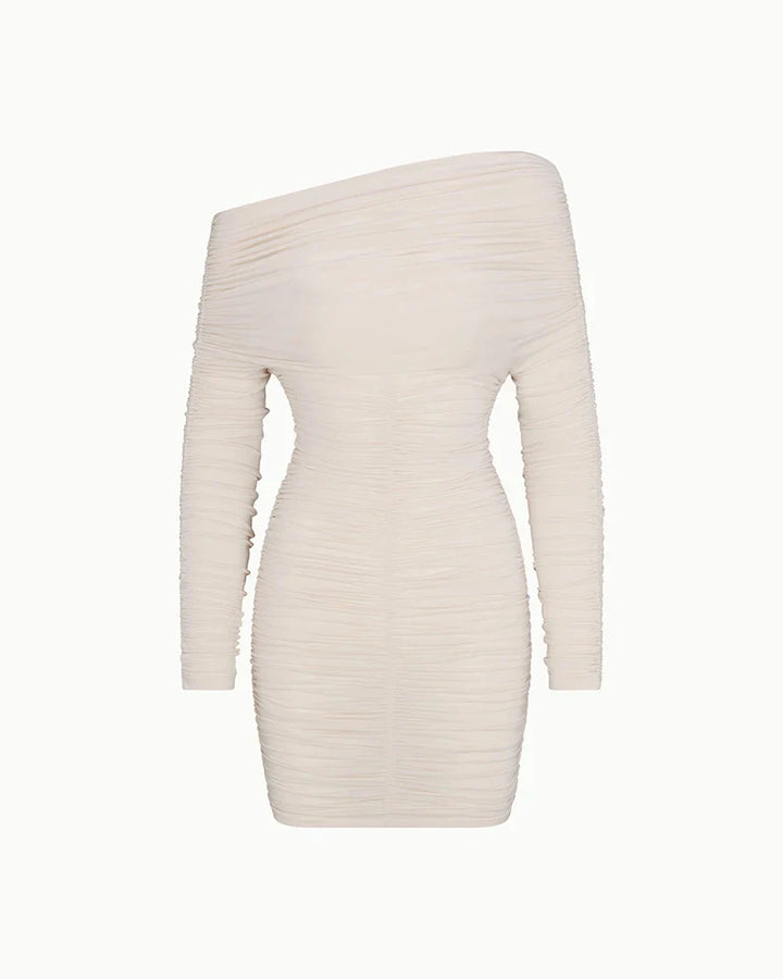 Mini dress with ruching and one off-shoulder sleeve - Sapir