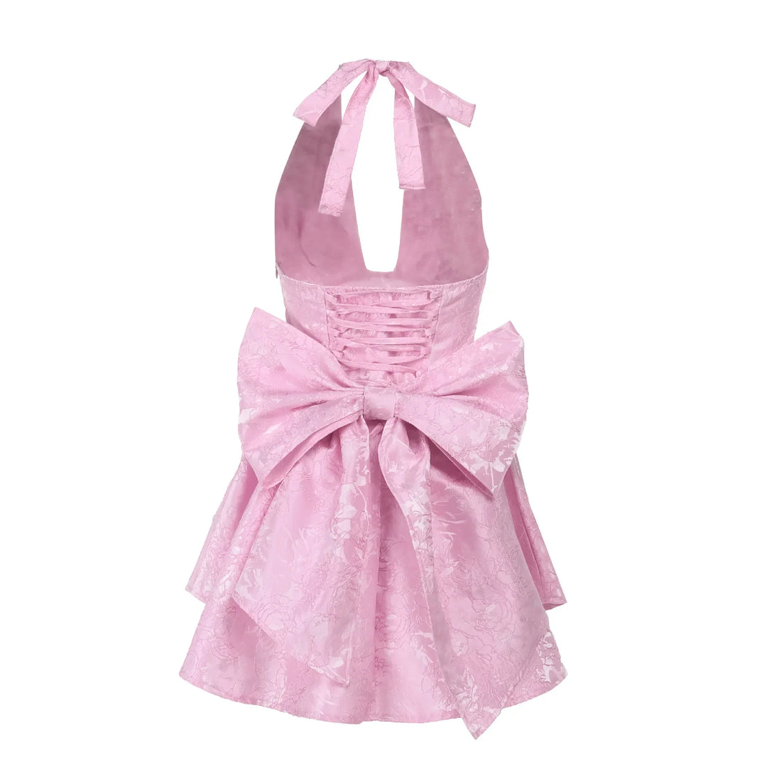 A-line mini dress with floral embroidery, bow detail on the back, tie-back design for waist fit and neck tie - Pearl