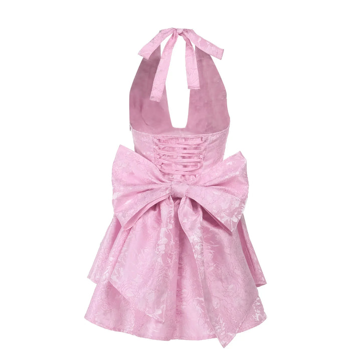 A-line mini dress with floral embroidery, bow detail on the back, tie-back design for waist fit and neck tie - Pearl