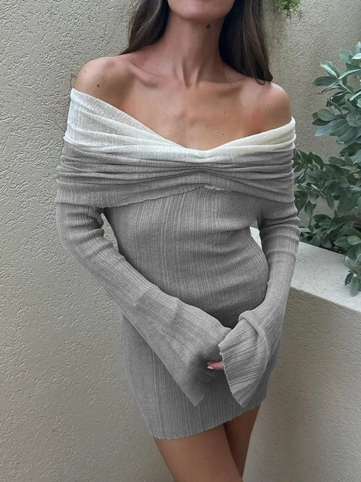 Knitted mini dress with off-shoulder ruching and bell sleeves - Belle