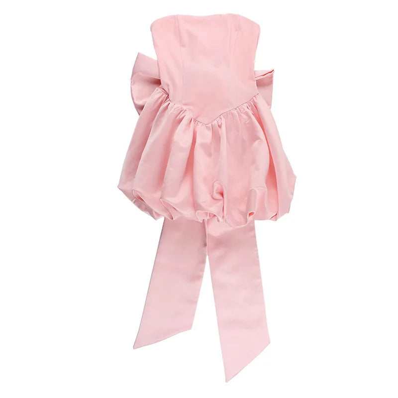 Strapless satin mini dress with balloon shape and bow decoration - Nina