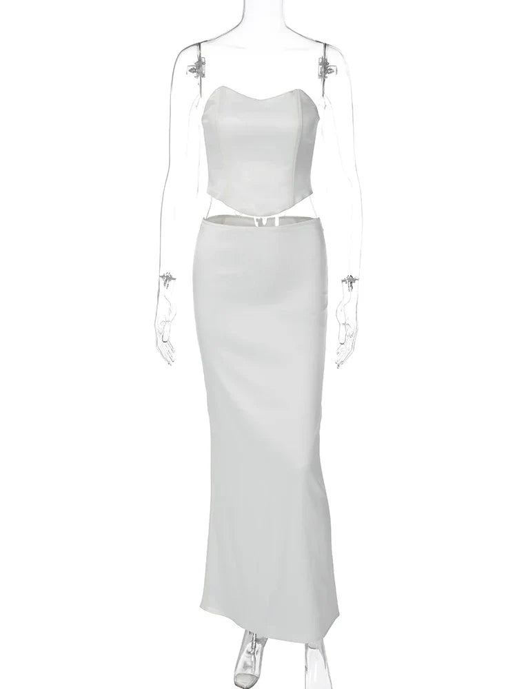 Two-Piece Satin Set with Strapless Top and Maxi Skirt - Siana