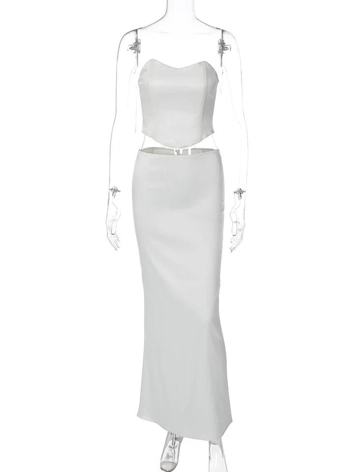 Two-Piece Satin Set with Strapless Top and Maxi Skirt - Siana