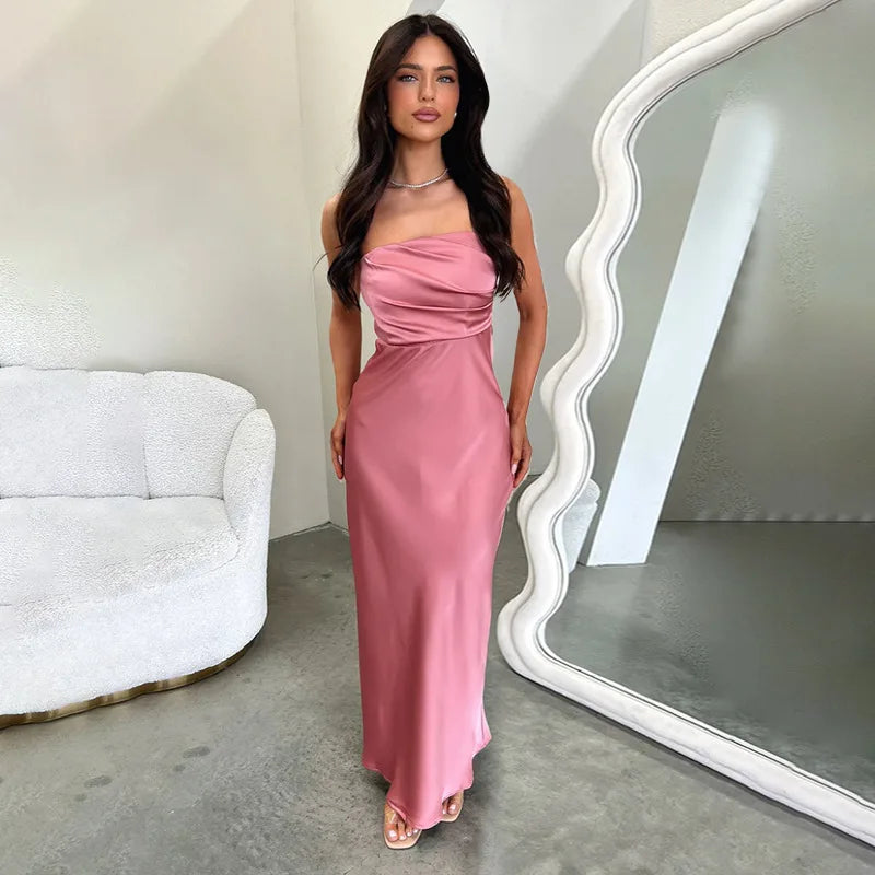Maxi Strapless Satin Dress with Pleated Design - Rosa