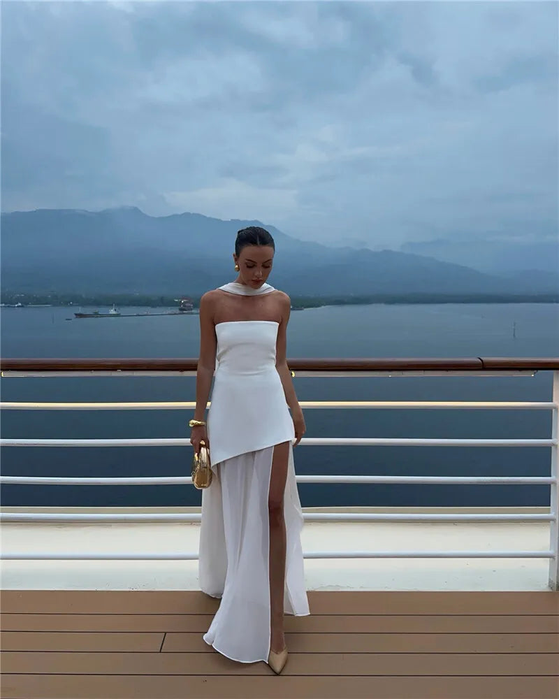 Strapless Maxi Dress with Chiffon Bottom, Slit Design, and Matching Scarf Detail - Princess