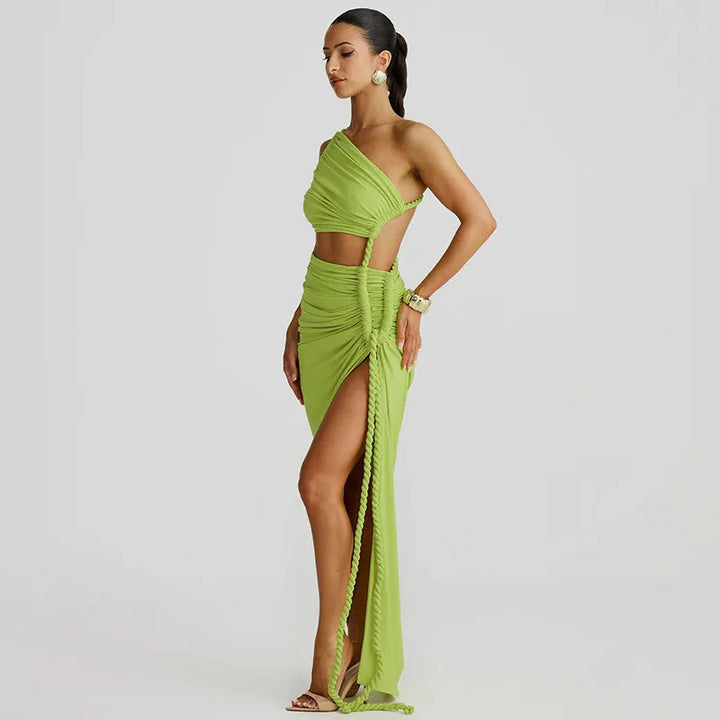 Maxi One-Shoulder Dress with Cutout and Slit, Braided Detail - Panama