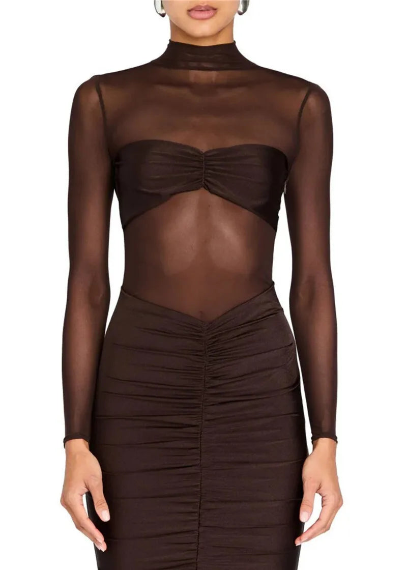 Fitted midi dress with ruching and mesh design - Miren