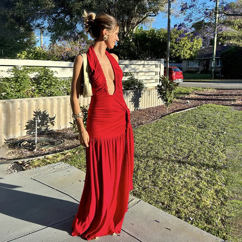Ruched Maxi Dress with Tie Decoration, Open Back, and Deep V Neckline - Peleg
