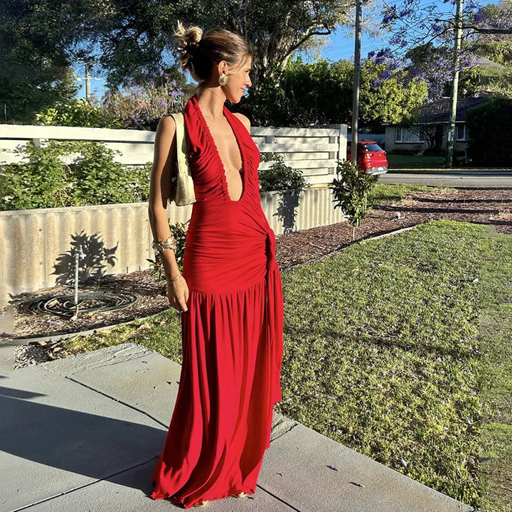 Ruched Maxi Dress with Tie Decoration, Open Back, and Deep V Neckline - Peleg