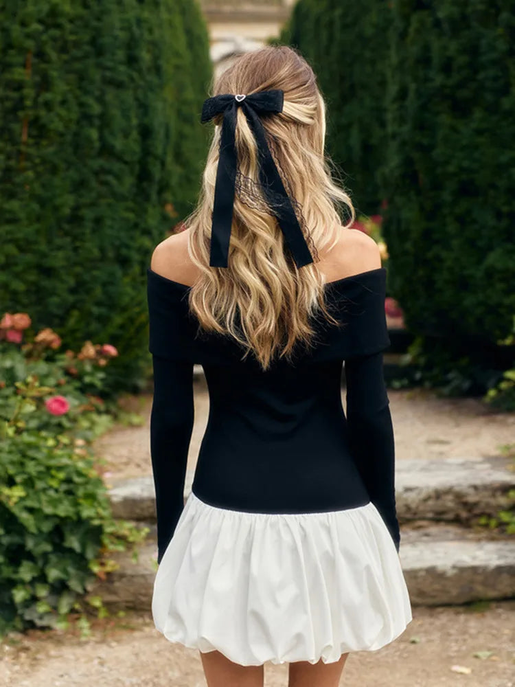 Monochrome balloon mini dress with bare shoulders - Lis