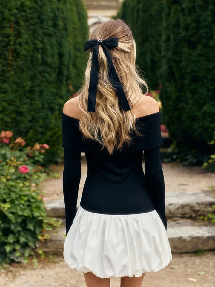 Monochrome balloon mini dress with bare shoulders - Lis